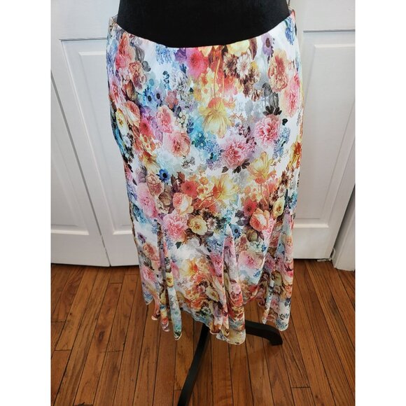 Chiffon Floral Midi Skirt Dressbarn  L Handkerchief Hem  Cottage Fairy Ethereal - Picture 1 of 9